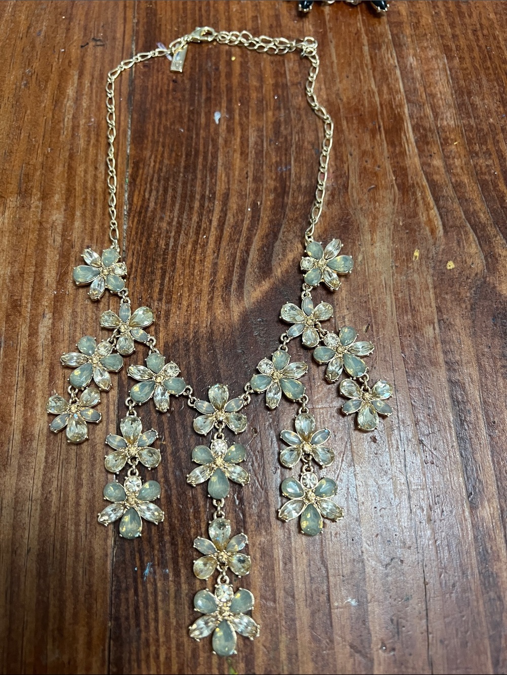 Gold-Tone Floral Statement Necklace with Pale Green Crystals